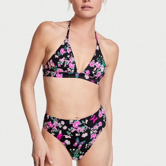 VICTORIA'S SECRET SWIM Essential Halter Bikini Top In Black Floral - Picture 2 of 3